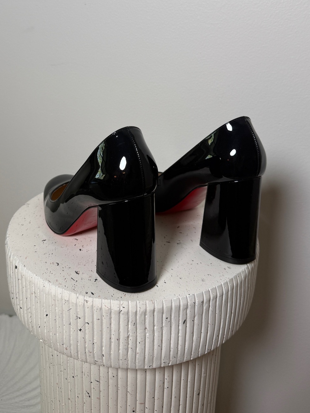 Christian Louboutin Black Patent Round Toe Block Heel Pumps with Red Sole - Picture 3 of 9